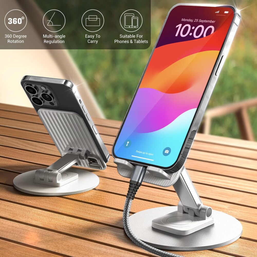 Adjustable Tabletop Cell Phone Stand, Foldable Portable Phone Stand Phone Holder for Desk, Desktop Tablet Stand Compatible with Mobile Phone/iPad/Tablet (White)